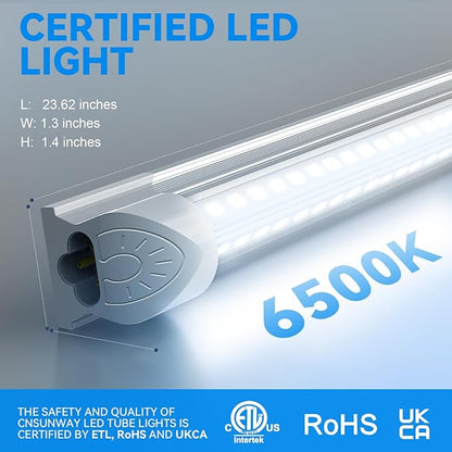 CNSUNWAY LED Shop Light 2FT, 22W 3300LM 6500K, T8 LED Tube Lights, Clear Cover, Ceiling and Utility Shop Lights, Linkable Light Fixture for Workshop, Garage, Workbench, Warehouse, ETL Listed (2 Pack)