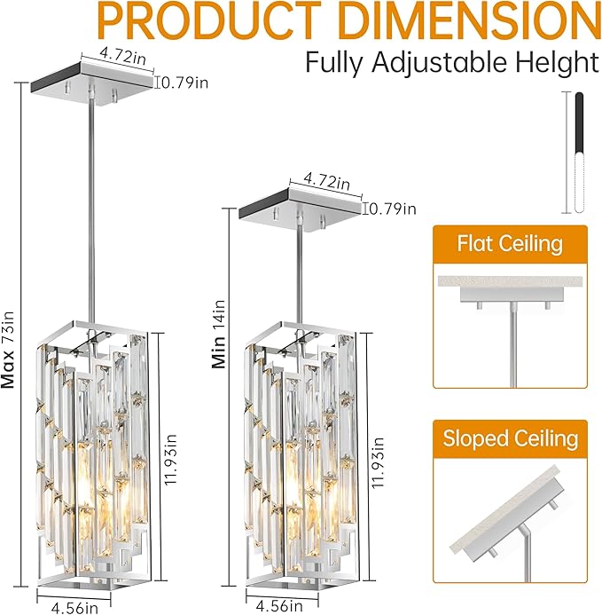 Chrome Pendant Lights Kitchen Island 3 Pack, Mini Crystal Chandeliers, Modern Pendant Lights Ceiling Lighting Fixtures for Kitchen Island, Dinning Room, Bedroom