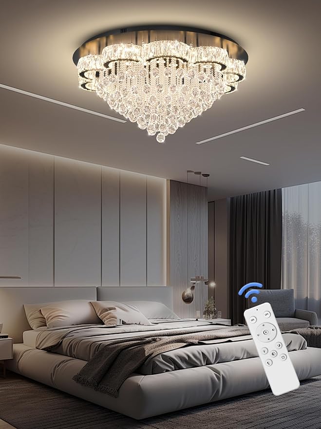 Flashing God 40inches Modern Crystal Chandelier for Living Room Round Ceiling Pendant Light Fixtures Luxury Flush Mount Chandelier for Entry Dining Room Bedroom