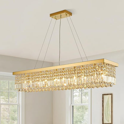 Siljoy Rectangular Gold Crystal Chandelier for Dining Room, 10-Light Modern Rectangle K9 Crystal Raindrop Chandelier, Luxury Dimmable Crystal Ceiling Light for Living Room Kitchen Island L47''