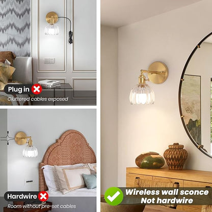 Battery Operated Wall Sconce, Vintage Wall Sconce with Transparent Tulip Glass Lampshade Rechargeable Battery Powered Wall Light with Remote Control for Bedroom,Living Room, Hallway, Aisle