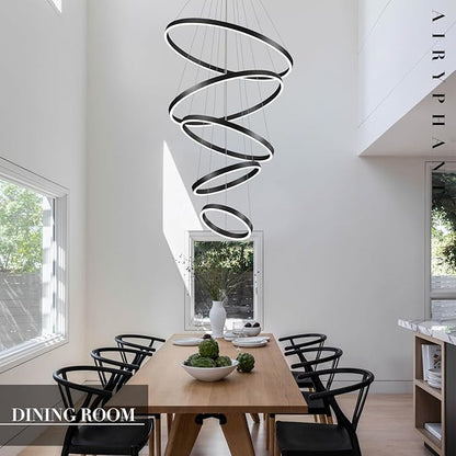 5-Ring Chandelier Black Modern LED Chandeliers High Ceiling 31" Large Foyer Chandelier Entryway Dimmable Pendant Light Fixture for Living Room Staircase, 3000K-6500K