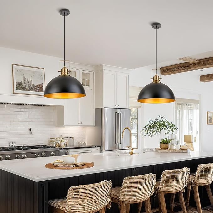 Farmhouse Pendant Light, 17.5" Matte Black Pendant Light Kitchen Island with Adjustable Cord, Vintage Dome Hanging Lights for Dining Room Cafe Bar Hallway Worktops, L, 2 Pack