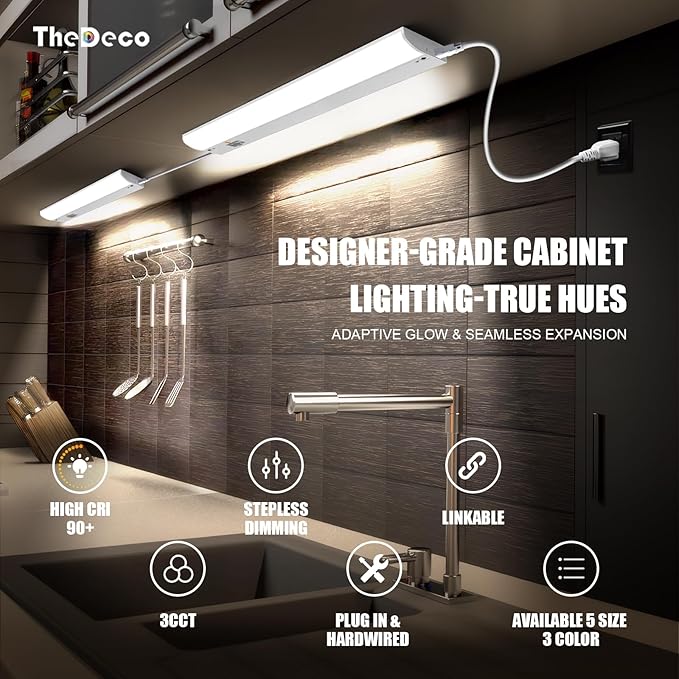 24 Inch LED Under Cabinet Light, Plug in Kitchen Lighting, 3CCT Selectable (3000K/4000K/5000K), CRI94 High Color Accuracy, Linkable, Slim Design, Matte White