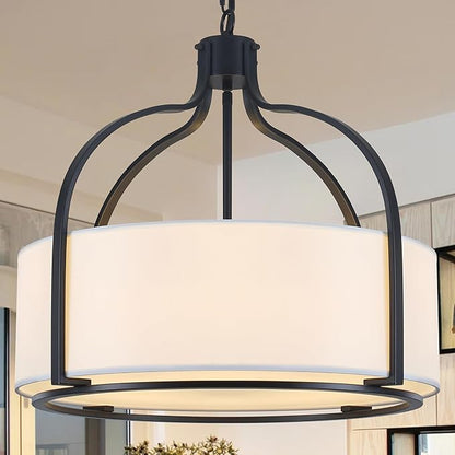 20.5'' Modern Black Drum Chandelier, 5-Light Large Farmhouse Chandeliers for Dining Room Hanging Light Fixture Drum Pendant Light with White Fabric Shade for Kitchen Living Room Foyer Entryway Bedroom