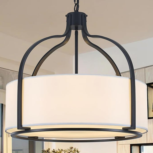 20.5'' Modern Black Drum Chandelier, 5-Light Large Farmhouse Chandeliers for Dining Room Hanging Light Fixture Drum Pendant Light with White Fabric Shade for Kitchen Living Room Foyer Entryway Bedroom