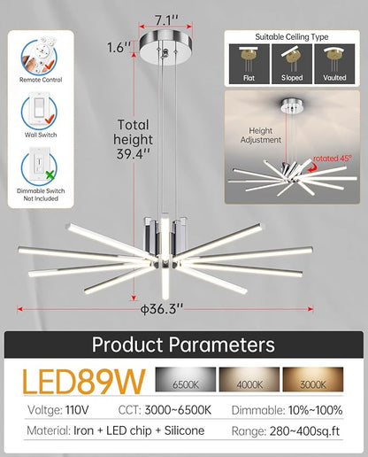 Modern Led Chandelier, Dimmable Sputnik Light Fixture with Remote Control, Modern Pendant Light for Dining Room Kitchen Living Room Entryway, 3000K-6500K (Chrome)