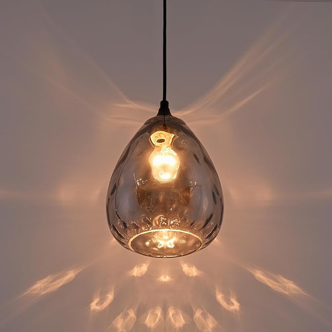 Smoked Hammered Glass Pendant Light with Matte Black Accent, Adjustable Hanging Lamp for Kitchen, Dining Room, and Living Room