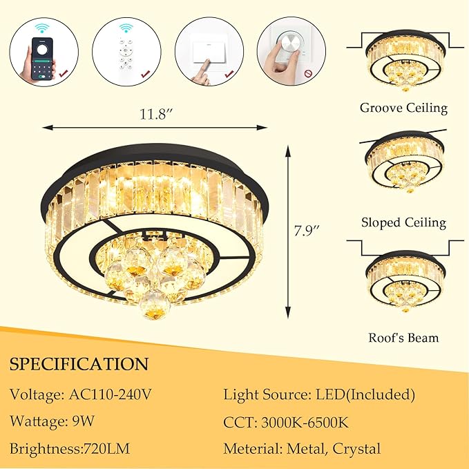 11.8" Black Modern Crystal Chandeliers for Dining Room LED Dimmable Light Fixtures Flush Mount Light Living Room Bedrooms