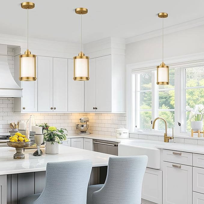 Brushed Gold Pendant Lights Kitchen Island 3 Pack, Modern Kitchen Pendant Lighting Over Island with Milk Glass, Farmhouse Brass Mini Hanging Light for Kitchen Sink Dining Room, OS-3014-3PBG