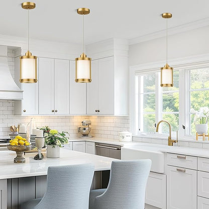 Brushed Gold Pendant Lights Kitchen Island 3 Pack, Modern Kitchen Pendant Lighting Over Island with Milk Glass, Farmhouse Brass Mini Hanging Light for Kitchen Sink Dining Room, OS-3014-3PBG