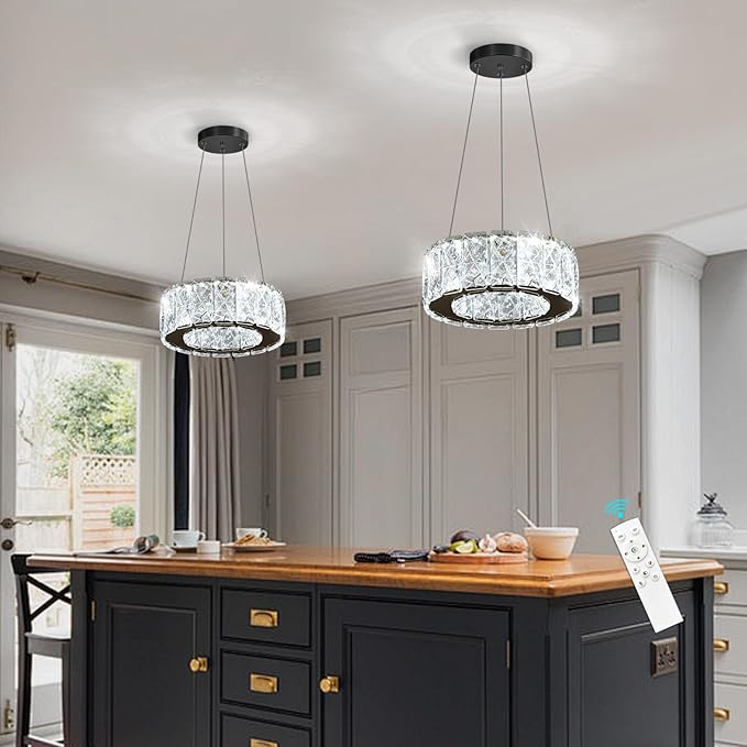 Modern Crystal Chandelier 8W Dimmable LED Crystal Pendant Light Fixtures Height Adjustable Round Chandeliers for Dining Room Hallway Bedroom Black