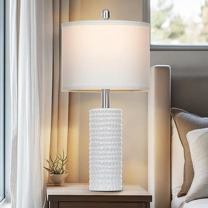 24.5" Modern Ceramic Table Lamps for Living Room ，Farmhouse Nightstand Lamps Set of 2 with White Linen Shade Office Reading Lamp ，Bedroom Lamps for Bedside End Table, Bedroom, Living Room, White