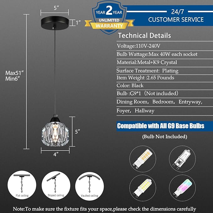 Weesalife Crystal Chandeliers for Dining Room Lights Fixture Over Table, 1-Light Black Modern Pendant Light Fixture，Crystal Pendant Lighting for Kitchen Island Bathroom Bar