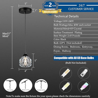 Weesalife Crystal Chandeliers for Dining Room Lights Fixture Over Table, 1-Light Black Modern Pendant Light Fixture，Crystal Pendant Lighting for Kitchen Island Bathroom Bar