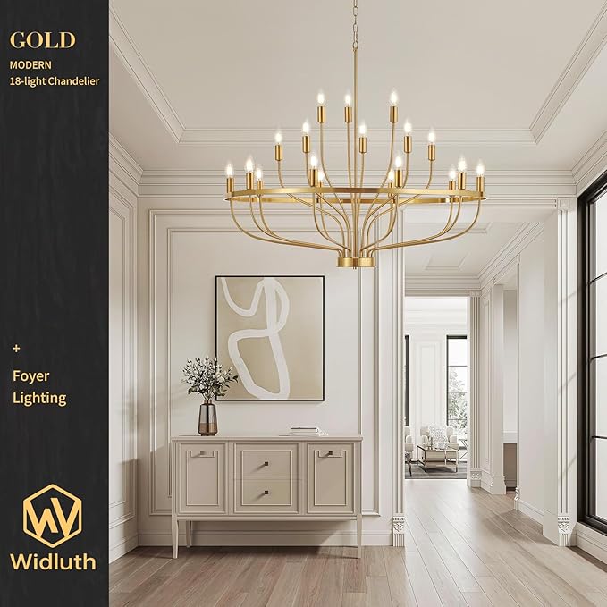 39.4" Modern Gold Chandelier Vintage 18-Lights Mid Century Modern Candle Style Chandeliers Light Fixture Large Rustic Golden Chandelier for Dining Room, Kitchen Island, Living Room, E12