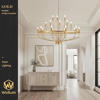 39.4" Modern Gold Chandelier Vintage 18-Lights Mid Century Modern Candle Style Chandeliers Light Fixture Large Rustic Golden Chandelier for Dining Room, Kitchen Island, Living Room, E12