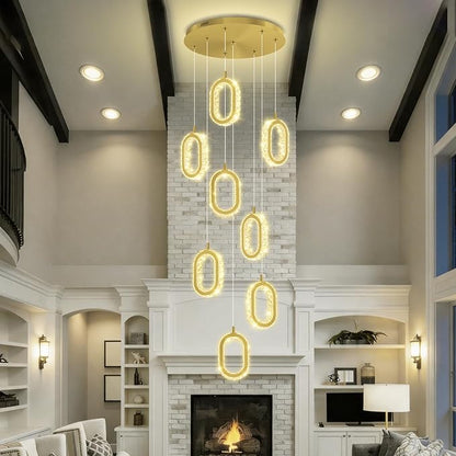 Gold 8 Rings Crystal Chandelier for Foyer Stairwell High Ceiling Chandelier Dimmable Oval Crystal Ring Pendant Light