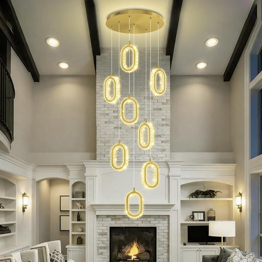 Gold 8 Rings Crystal Chandelier for Foyer Stairwell High Ceiling Chandelier Dimmable Oval Crystal Ring Pendant Light