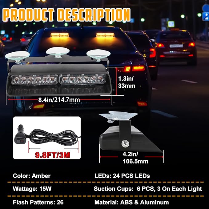 Amber LED Warning Dash Windshield Strobe Lights, 26 Modes 12/24V 2 x 8.4” Emergency Traffic Advisor 2 x 8.4 Inch Car Front/Rear Dash Windshield Strobe for Trucks Vehicles Snow Plow