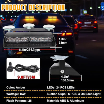 Amber LED Warning Dash Windshield Strobe Lights, 26 Modes 12/24V 2 x 8.4” Emergency Traffic Advisor 2 x 8.4 Inch Car Front/Rear Dash Windshield Strobe for Trucks Vehicles Snow Plow