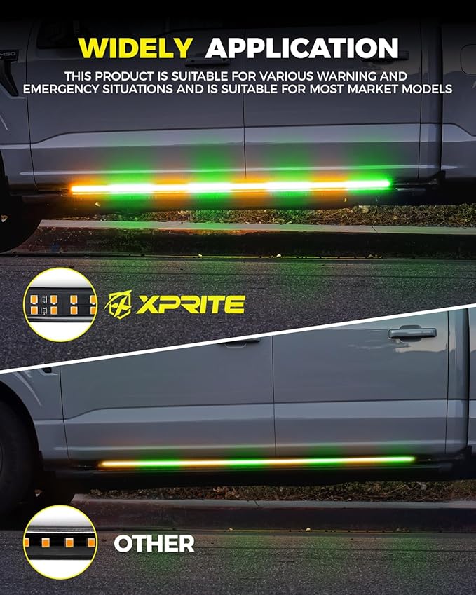Xprite 2PCS 70 Inch Running Board Lights, 864 LED Emergency Strobe Light Strip, Truck LED Light Strip, Flexible Waterproof Running Board Emergency Lights for Trucks Pickup SUV Jeep – Amber & Green