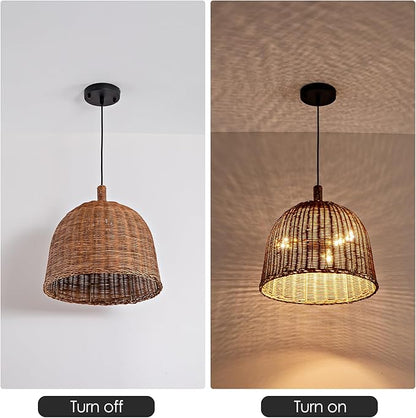 HUEHENGHAO 3-Light Dark Brown Rattan Pendant Light, 13.78" Basket Chandelier Farmhouse Wicker Pendant Light, Basket Wicker Chandelier for Dining Room Kitchen Island Living Room Famhouse
