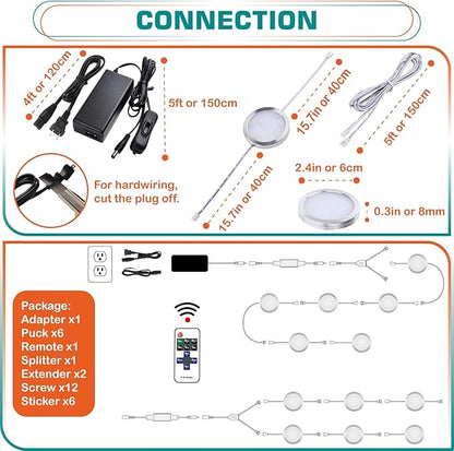 Kitchen Underneath Cabinet LED Puck Light, Hutch Backsplash Back Lighting, 110V Plug in & Hardwired, Wireless RF Remote Control Dimmable, Linkable, White Wires, Warm White 2700K, 6 Lights