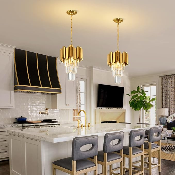 Gold Pendant Light Fixtures Dining Room Chandelier 3-Light Modern Small Crystal Pendant Lights Kitchen Island Kitchen Living Room entryway Bedroom Round Ceiling Hanging Light fixtures 3-Tiers W11.8in