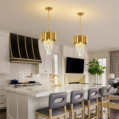 Gold Pendant Light Fixtures Dining Room Chandelier 3-Light Modern Small Crystal Pendant Lights Kitchen Island Kitchen Living Room entryway Bedroom Round Ceiling Hanging Light fixtures 3-Tiers W11.8in