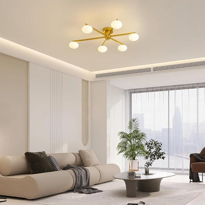 Modern Semi-Flush Mount Ceiling Light with 6 Opal Glass Shades, 39" Gold Sputnik Chandelier,Mid-Century Vintage Style, Ideal for Living Room, Dining Room, Bedroom, Cafe & Hotel