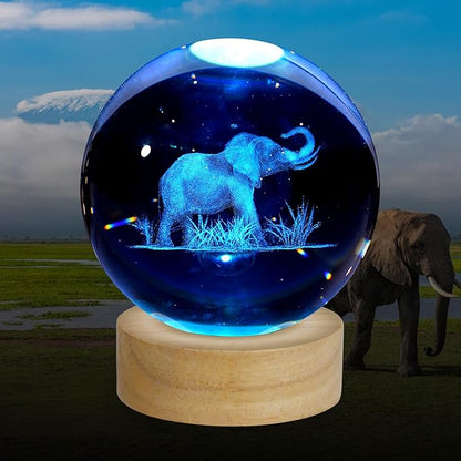 3D Crystal Ball Night Light, 3.15 Inch Glass Ball Lamp with 16 Color LED Wooden Base, Elephant Lamp Decor for Birthday, Holiday, Christmas Gifts