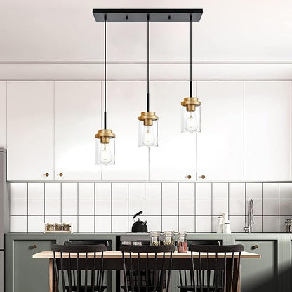 MELUCEE 20.5 Inches Dining Room Light Fixture Hanging 3-Lights Kitchen Pendant Light Fixture Over Island Black Ceiling Hanging Lamp with Clear Glass Shade, Gold Socket