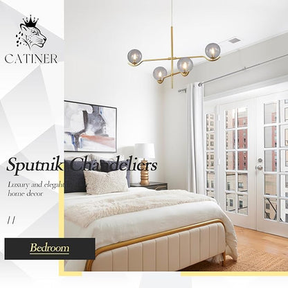 CATINER Gold Sputnik Chandelier, Large Modern 4 Lights L31 '' Mid Century Long Ceiling Pendant Light Fixture with Smoke Glass Globe Shades for High Ceiling Living Dining Room Foyer Bedroom