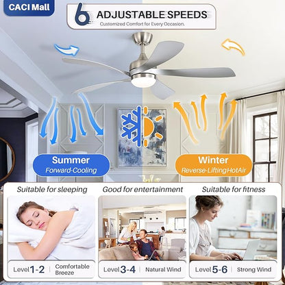 CACI Mall 52 Inch Ceiling Fans with Lights and Remote, modern, Outdoor ceiling fan with 6-Speed, 5 Blades, 2 Downrods, 3 CCT, Timer, Quiet Reversible DC Motor for Living Room, Bedroom, Patios