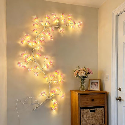Cherry Blossom Tree Branch Lights: Cherry Blossom Willow Vine Garland with 54 LED Light and Remote for Wall Decor - 4 Lighting Modes Christmas Indoor Decorations for Home Bedroom Window (Pink)