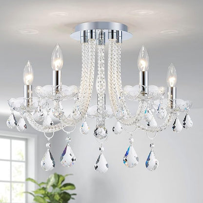 French K9 Crystal Maria Theresa Candle Chandelier, Luxury Vintage Pendant Light Fixture for Dining Room, Living Room, 5 Lights, D22.4*H15.7 inch, Clear Crystal & Chrome Finish Frame
