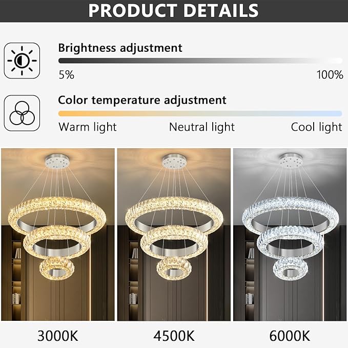 23.6" 3 Ring Crystal Chandelier Modern LED Dimmable Ring Pendant Light Round Chandelier for Dining Room Living Room Silver