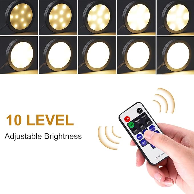 AIBOO Linkable Under Cabinet LED Lighting 12V Slim Aluminum Dimmable Puck Lights with RF Remote Control & UL Listed Transformer for Mood Lighting(6 Lights, Warm White)