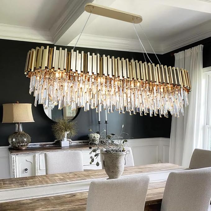 Gold Crystal Chandeliers Dining Room Rectangle L59'' Modern Crystal Chandelier Lighting 22 Light Contemporary Ceiling Light Fixture Chandelier Over Dining Table Golden Extra Large