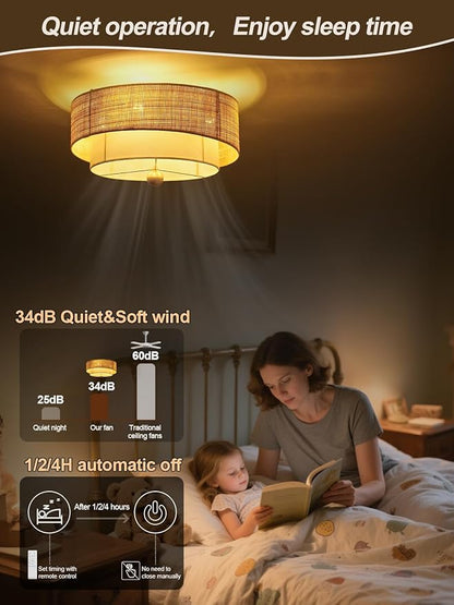 Flush Mount Ceiling Fan with Lights, 20" Caged Boho Ceiling Fan with Light Remote Control, Low Profile Bladeless with 6 Speeds, Drum Rattan Fabric for Bedroom, Nursery, Dining Room, Living Room