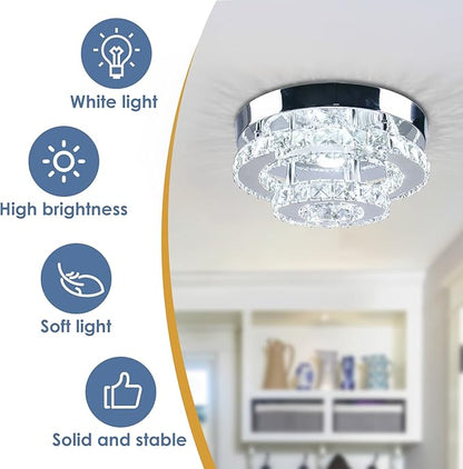 Modern Crystal Flush Mount Chandelier Two Layers Crystal Chandeliers LED Ceiling Light Fixture Mini Chandeliers with Crystals Hallway Light Bedroom Chandelier for Bathroom Kitchen Office