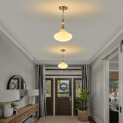 3-Light Chandelier,Vintage Gold Farmhouse Pendant Light Fixture for Kitchen,Adjustable Hanging Lighting with Beige Glass Shade for Hallway Bedroom Entryway Dining Room Island