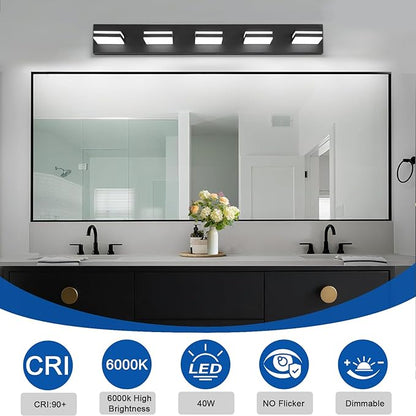 IZORRO LED Modern Bathroom Lights Fixtures(5-Light,Dimmable,360°Rotate),Matte Black Acrylic Wall Lighting,Vanity Lights for Bathroom Over Mirror - 6000k 30In （No Assembly Required）
