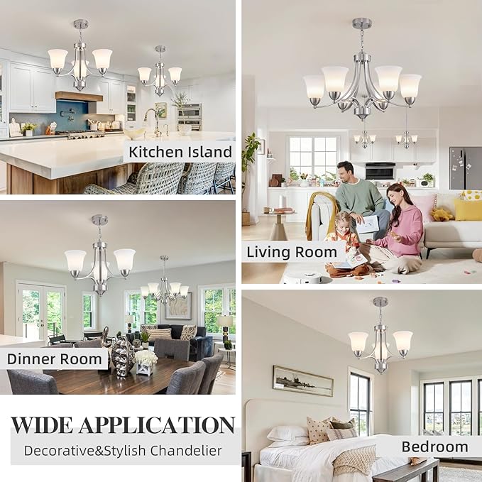 3-Lights Farmhouse Chandelier Brushed Nickel Modern Dining Room Light Fixture Silver Adjustable Ceiling Hanging Pendent Lighting with Frosted Glass for Kitchen Island, Living Room,Foyer