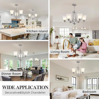 3-Lights Farmhouse Chandelier Brushed Nickel Modern Dining Room Light Fixture Silver Adjustable Ceiling Hanging Pendent Lighting with Frosted Glass for Kitchen Island, Living Room,Foyer
