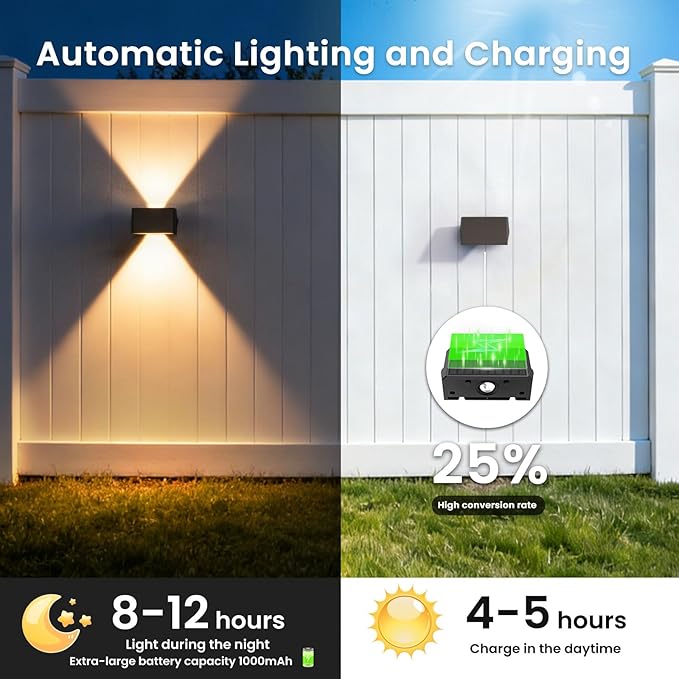 Solar Fence Lights Outdoor, 20 Pack White & RGB Up and Down Solar Wall Lights, IP67 Waterproof LED Dusk to Dawn Solar Powered Fence Lights for Patio, Backyard, Deck, Garden, Yard, Outdoor Wall Decor