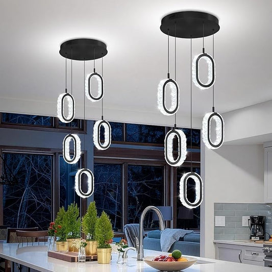 Crystal Rings Chandelier for Living Room, Dimmable Led Black Crystal Ring Chandelier High Ceiling 5-Light Oval Ring Pendant Light for Dining,Hallway, Entryway,Bedroom