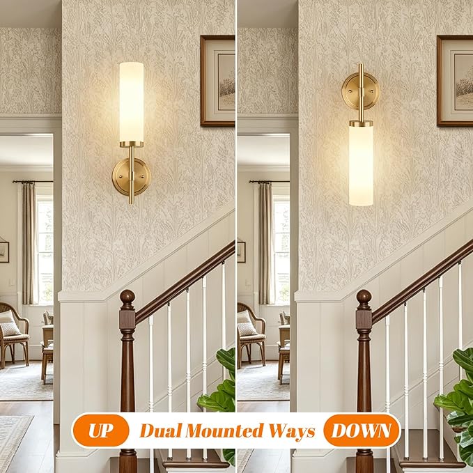 [Hardwired] Wall Sconces Set of Two, Brushed Gold Bathroom Sconces with Milky White Glass, Modern Wall Light Fixtures for Bathroom Mirror Vanity, Living Room, Hallway, Stairway, Cabinet, Foyer