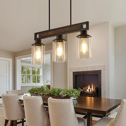 Farmhouse Dining Room Light Fixture, 3-Light Wood Kitchen Island Lighting for Dining Room Over Table, Black Adjustable Pendant Light with Clear Glass Shades, Linear Chandeliers Lighting for Kitchen